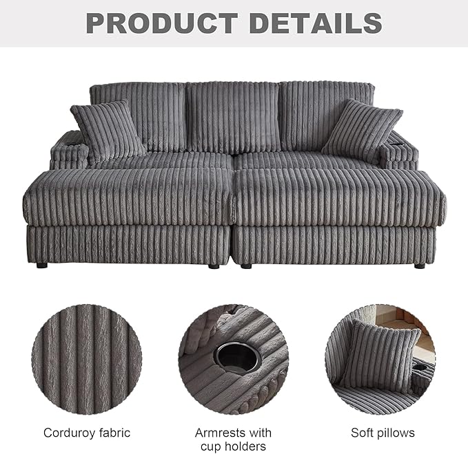 84Inch Corduroy 3-Seater Sofa with 3 Back Pillows2 toss Pillows a Ottoman2storage Spaces and Cup-Holding Grooves Comfy Sofa- Deep Seat Couch for Living RoomGrey
