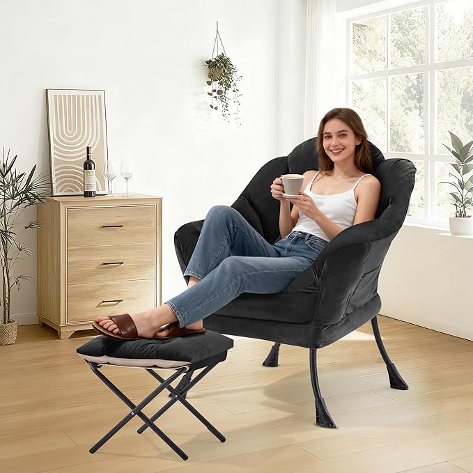 Lazy Chair with OttomanOversized Accent Chair with Thick Cushion Side PocketModern Lounge Arm Reading Chair and Folding Footrest for Living RoomBedroomOfficeDormApartment Black