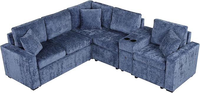 120.5 L-Shaped Convertible Sofa Bed with Pull-Out Bed Chenille Modular Sectional Sofa Reversible Sleeper with Cup Holders and Ample Storage Space for Living Room (Blue-120.5D)