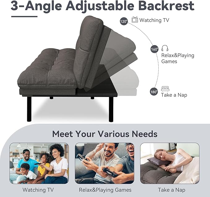 Convertible Futon Sofa BedLinen Futon Couch with Detachable CushionAdjustable Backrest &amp ArmrestModern Small Loveseat Sleeper Recliner for Living RoomOfficeApartmentDark Grey