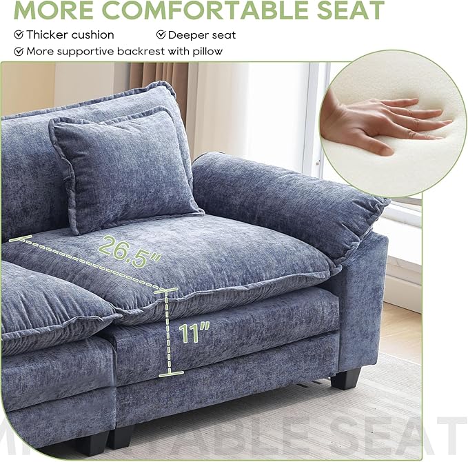 86 Modular Sectional Sofa Comfy Cloud Couch Sectional Sofa with Ottoman Chenille Sofa Sleeper Deep Seat Sofa with Throw Pillows for Living Room (Blue 86- L Shape)
