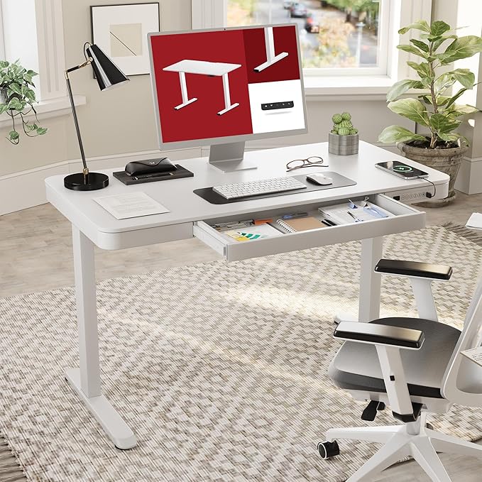 Standing Desk with Drawer Electric Height Adjustable Home Office Desk with Storage &amp USB Ports 55 inch White Wood Tabletop/White Frame
