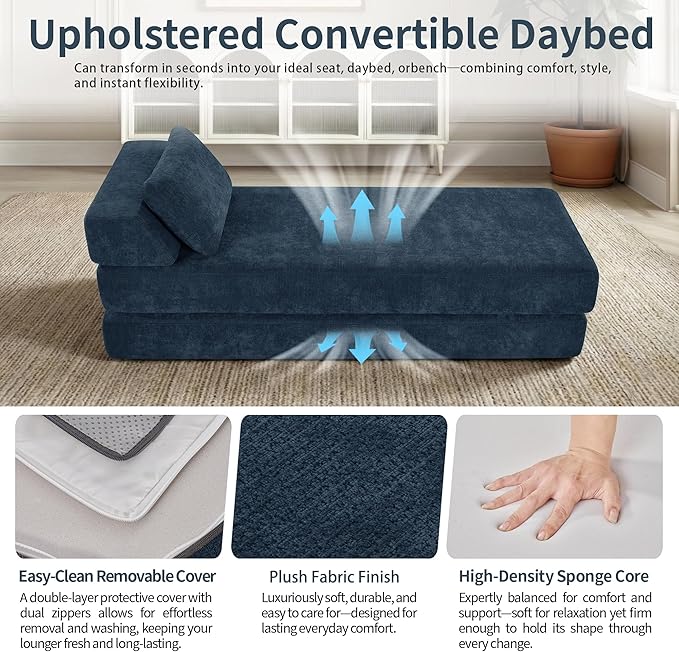 Convertible Chaise Lounge Chair Indoor Boneless Cloud Couch with 2 Pillows Sleeper Sofa for Living Room Bedroom Reading Nook- No Need Assembly (Navy Blue)