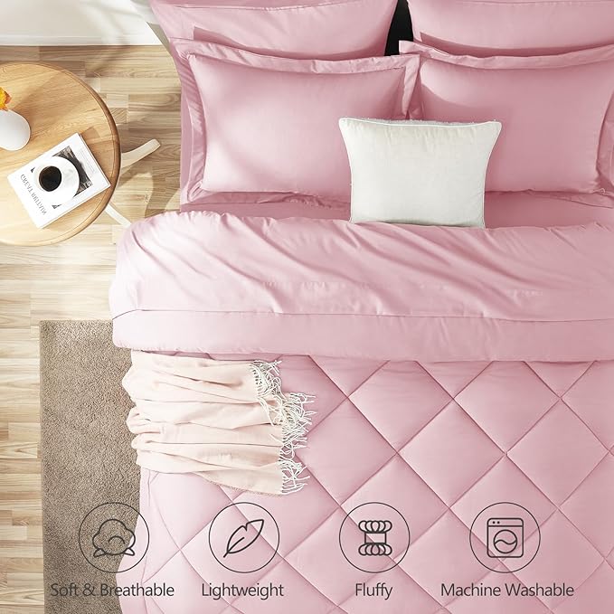 CozyLux King Size Comforter Sets Pink - 7 Pieces Bed in a Bag King Luxury Soft Bed Set for All Seasons Bedding Set with Down Alternative Comforter Sheets Pillowcases &amp Shams