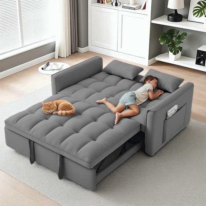 3 in 1 Pull Out Sofa Bed 52.75 Sleeper Sofa Bed with 3-Level Adjustable Backrest Velvet Fabric Loveseat Sleeper Couch for Living Room &amp Bedroom &amp Apartment &amp Dorm Furniture Dark Grey