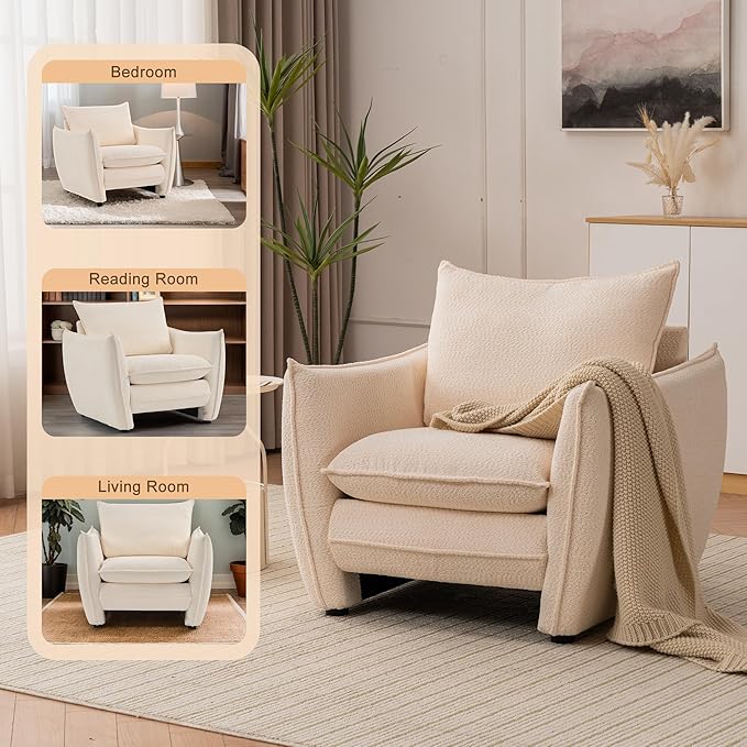 Oversized Accent Chair Modern Single Sofa Cloud Chairs with Removable Pillow Deep Seat Comfy Armchair for Living Room Bedroom Reading Nook - Upholstered Lounge Chair (Beige Set of 2)