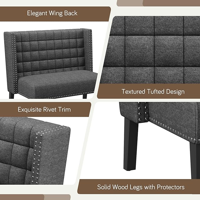 Yongqiang Modern Tufted Loveseat Settee Upholstered Bench with Back for Kitchen Dining Room Living Room Linen High Back Banquette Seating Sofa Couch with Wood Legs Grey