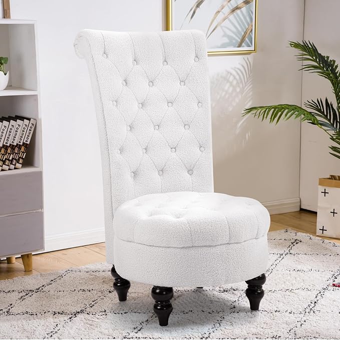 AVAWING Teddy Fleece Throne Royal Chair Set of 1 for Living Room Button-Tufted Armless High Back Chair with 24.6 Inch Large Seat Thick Padding and Rubberwood Legs White