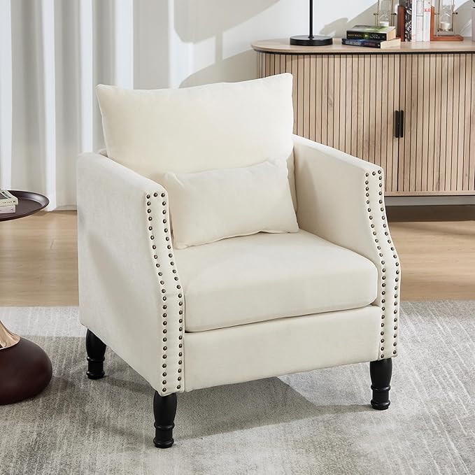 ABET Linen Accent Chairs Set of 2 Mid-Century Modern Reading Armchair with Removable Lumbar Pillow Upholstered Side Sofa Chair for Living Room Bedroom Beige