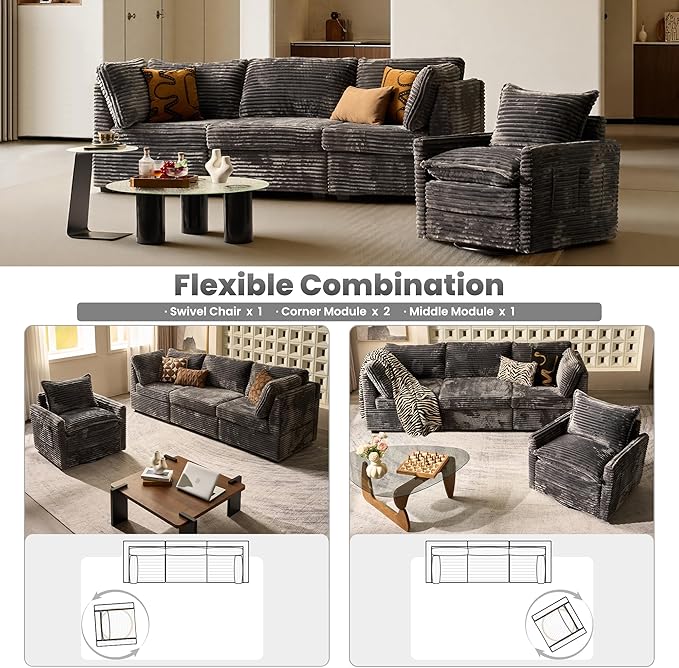 ovios Sectional Cloud Couch Sofa with Swivel Chair Comfy Deep Seat Modular Convertible Couches Modern Plush Corduroy Sofas Set for Living Room 4-Seater Grey