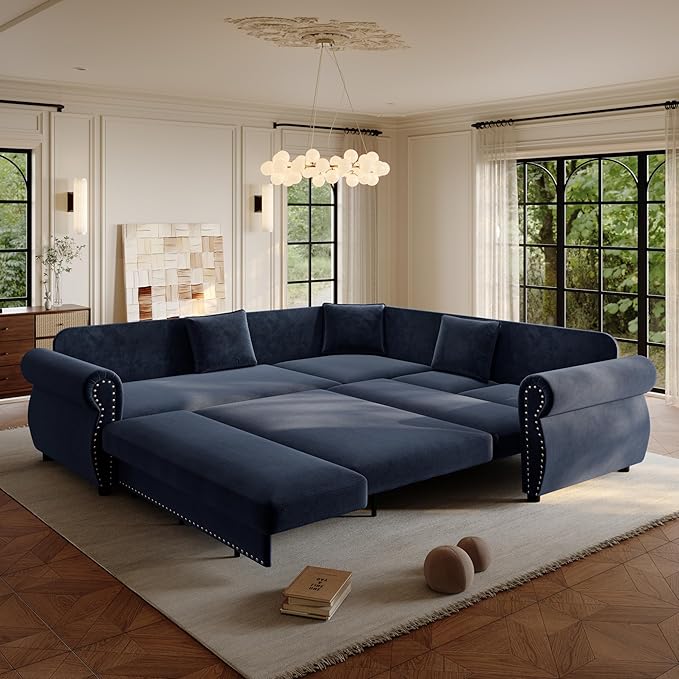 88.2 Sleeper Sofa Bed Sectional Couches for Living Room/Apartment Chenille L Shaped Couch with Pull Out Couch Bed Convertible Sectional Sofa with Rolled Arm &amp Nailhead Trim Blue