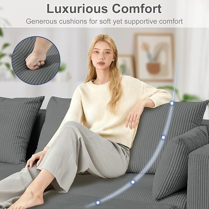 Redlife 117” Modular Sectional Sofa with Ottoman L Shaped Modular Couch Large Sectional Couches Corduroy Combination Sofas for Living Room Apartment Bedroom No Assembly Required Gray