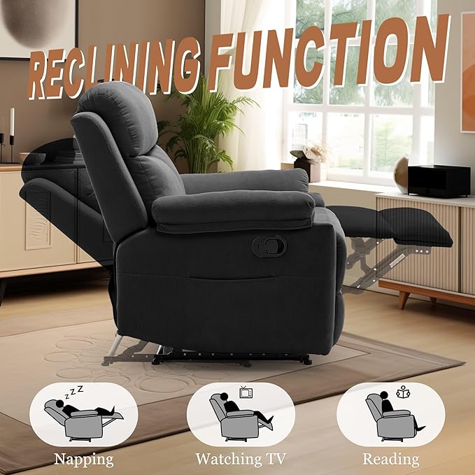 Recliner Chair for Adults Small Recliner Chair for Small Spaces Upholstered Corduroy Manual Recliner with Side Pockets Reclining Chair for Living Room Nursery Black