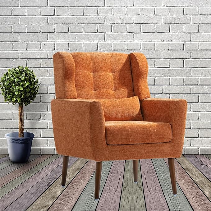 Modern Accent ChairChenille Fabric Reading Living Room Side ChairSingle Sofa with Wood Legs Armchair for Living Room Bedroom(Orange)