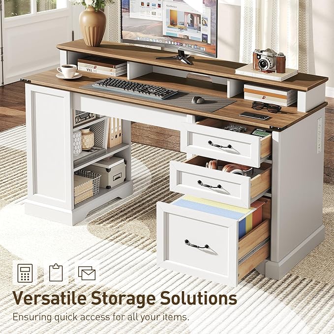 55'' Farmhouse Executive Desk with Drawers Computer Desk with File Cabinet and Side Bookshelf Writing Gaming Desk with Monitor Stand &amp Charging Station White and Walnut