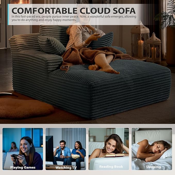 67 Inch Chaise Lounge Chair Indoor Oversized Corduroy Upholstered Boneless Sofa Bed Deep Seat Sleeper Couch Reading Chairs Cloud Sofas Couches for Living Room No Assembly Required (Dark Grey)