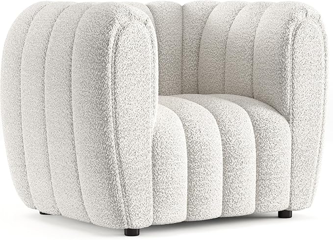 Furniture of America Glamour Contemporary Vertical Channel Tufted Boucle Accent Chair with Wooden Legs Fabric Upholstered Armchair for Living Room Bedroom Office Off-White