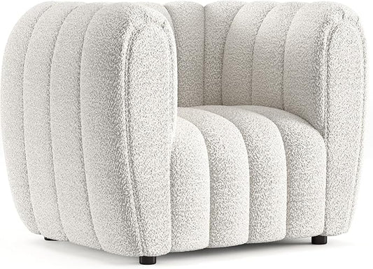 Furniture of America Glamour Contemporary Vertical Channel Tufted Boucle Accent Chair with Wooden Legs Fabric Upholstered Armchair for Living Room Bedroom Office Off-White