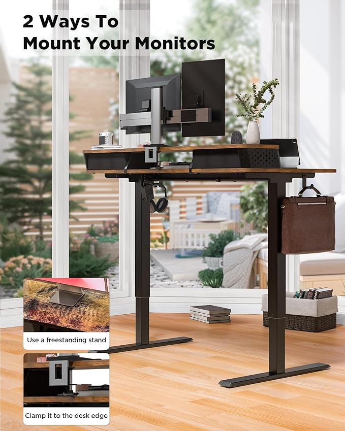 FiCiHi 55x24 Inch Standing Desk with Drawers C-Clamp Mount Compatible Electric Adjustable Height Computer Stand Up Desks Home Office Sit Stand Table with 3 Preset Heights Rustic Brown