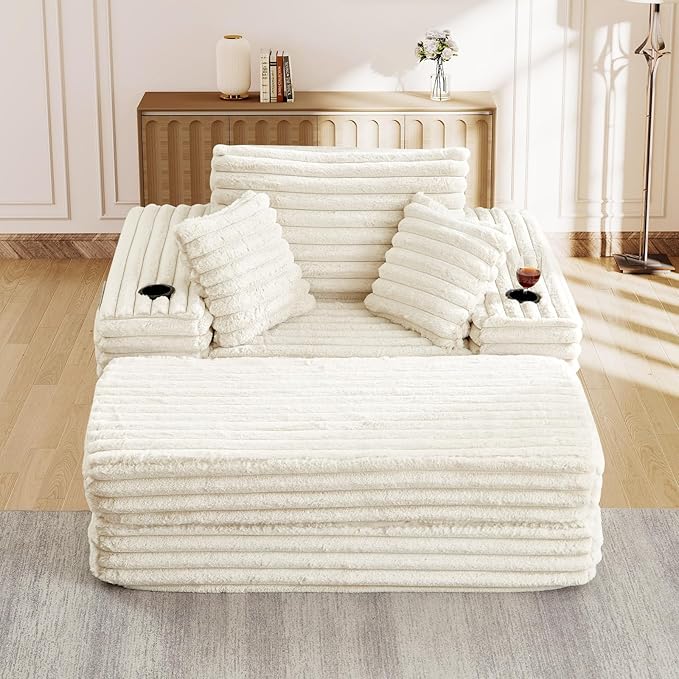 5-In-1 Oversized Chaise Lounge Chair Indoor with Ottoman54.5W Faux Fur Convertible Folding Sleeper Sofa Bed with Cup Holder&ampSide PocketComfy Boneless Couch Sofa Chair for Living RoomBedroom(Be