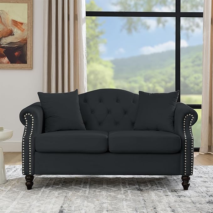 79 2 Piece 3-Seater Velvet Chesterfield Sofa for Living RoomCombination Sofa with 4 PillowsButton Tufted Trimming Curved Backrest Rolled Arms with Black Legs (Black79 3+3 Sofa Sets)