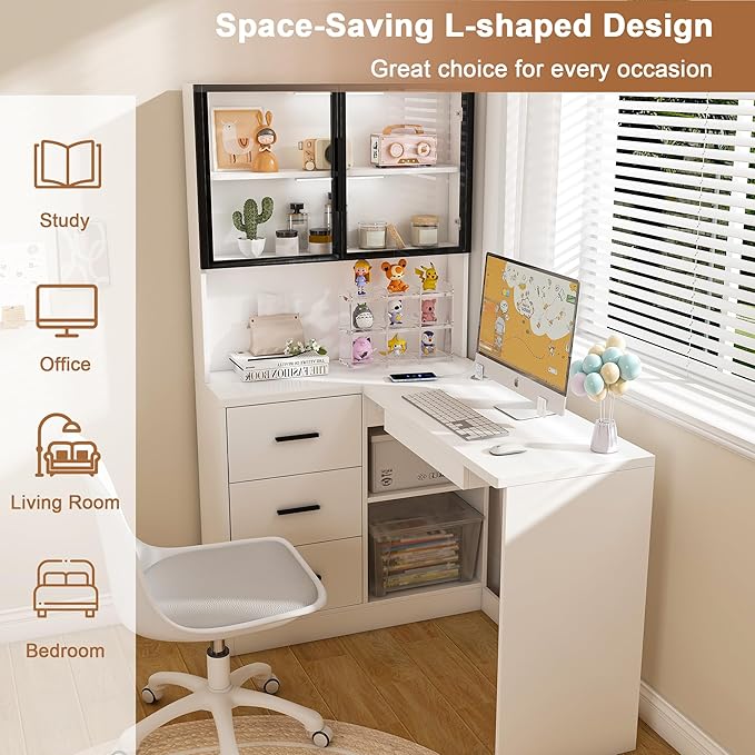 L Shaped Desk with HutchComputer Desk with Glass Cabinets &amp Built-in Led LightsOffice Desk with USB Charging Ports Keyboard Tray Ergonomic Design for Home and Corporate Workspaces