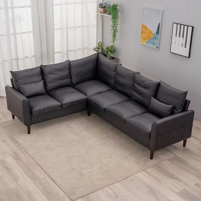 Panana 6 Seater Corneer Sofa 3 Seater &amp 2 Seater L Shaped Couchwith Curved Armrest Pockeys Solid Wood Legs Sectional Setee (Black Faux Leather 6 Seater L Shape Corner Sofa)