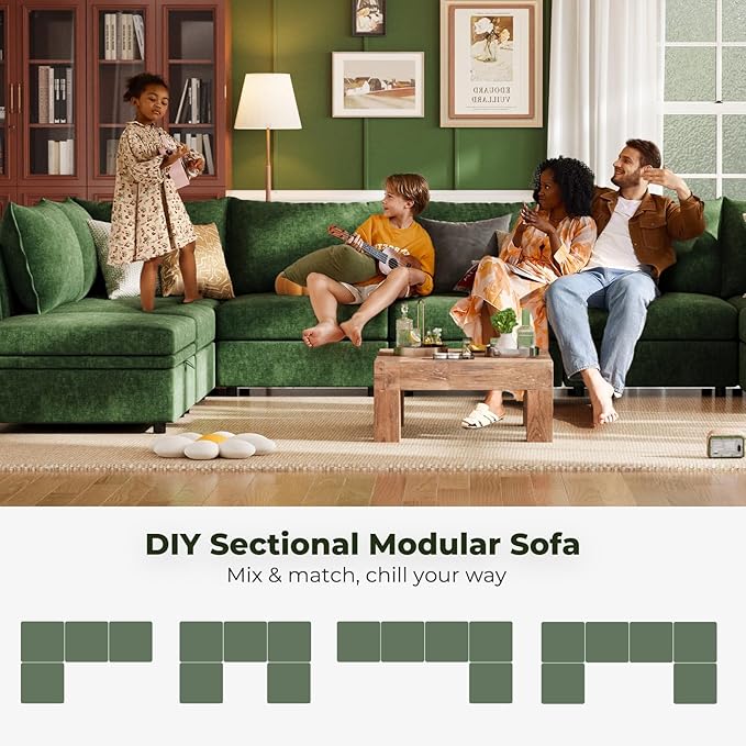 ABCASA 102.6 Sectional Couches for Living Room Oversized 3-Seater Comfy Green Couch with Pet-Friendly Removable Backrest Cover 24.5 Deep Seat Mid-Century Sectional Sofa for Bedroom Apartment