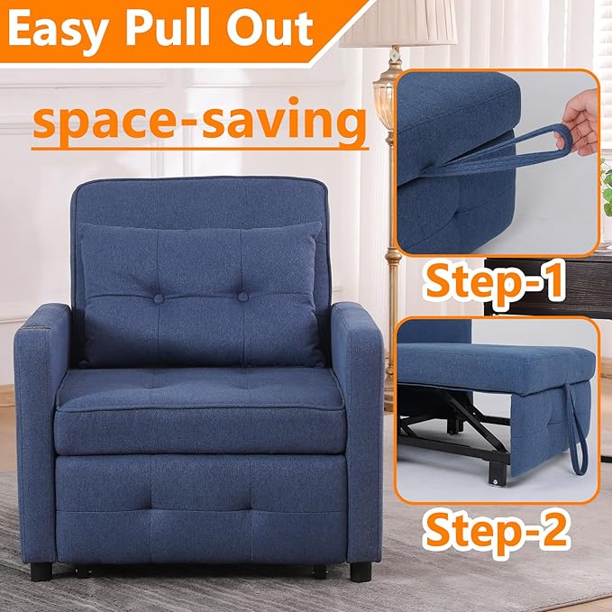 3 in 1 Chair with Pull-Out Sofa Convertible Slip On Sleeping Armrest Sofa Chair with Storage Pockets and Adjustable Backrest Comfortable Folding Seat for Bedroom Bed (Dark Grey) (Blue)