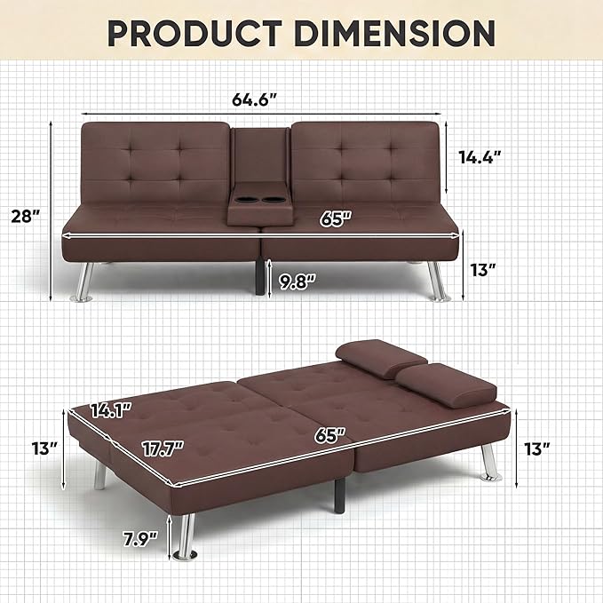 YESHOMY Modern Futon Sofa Bed Convertible Futon Couch with Adjustable Backrest Futon Loveseat Sleeper Sofa Bed with Armrest for Living Room Small SpacesPU Leather Brown
