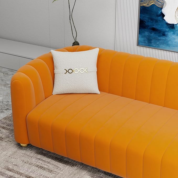Modern Orange Velvet Couch for Living Room 83.46 Curved Sofa with Gold Metal Sphere Legs 3 Seater Upholstered Cute Couch (Velvet Orange)
