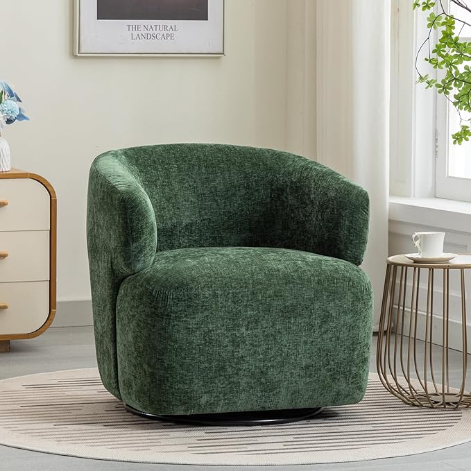 Swivel Accent Chair Chenille Barrel Chair for Living Room Cozy Round Boucle Arm Chair Metal Base for Club Nursery Bedroom Green