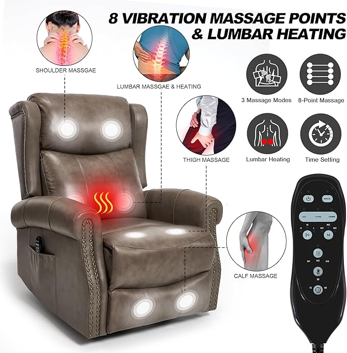 Manual Rocker Swivel Recliner Chair for Adults Vibration Massage Reclining Glider Chair with Lumbar Heat Rivet Design Single Sofa for Living Room Genuine Leather Camel Brown