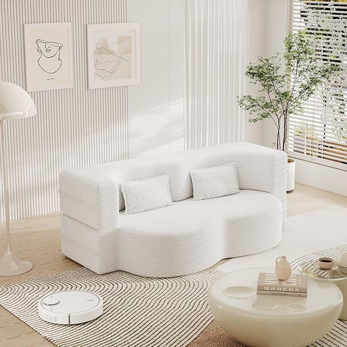78 Convertible Floor Sofa Bed 2-in-1 Folding Loveseat Sleeper No-Assembly Cloud Couch for Living Room Small Spaces Guest Room White