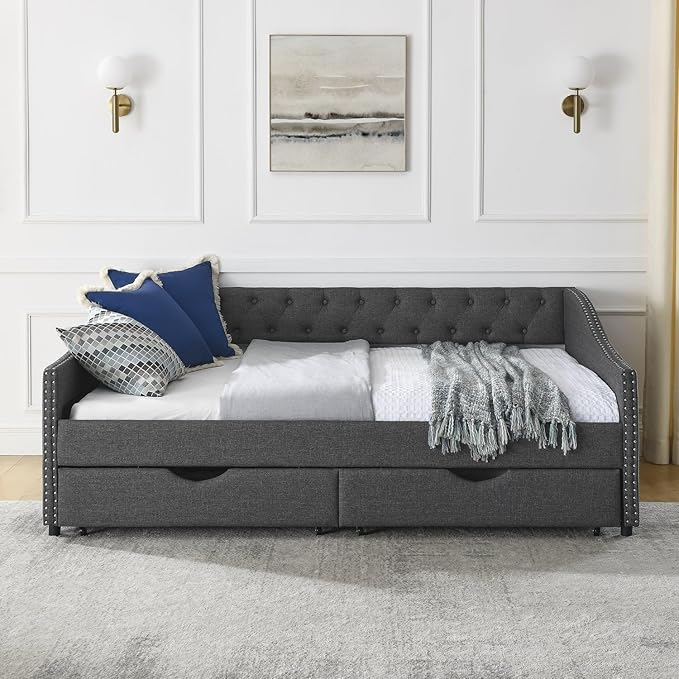 Full Size Upholstered Tufted Daybed with Drawers Dark Grey Linen Sofa Bed with Waved Arms Copper Nailhead Trim Mid-Century Style Eucalyptus Wood Frame