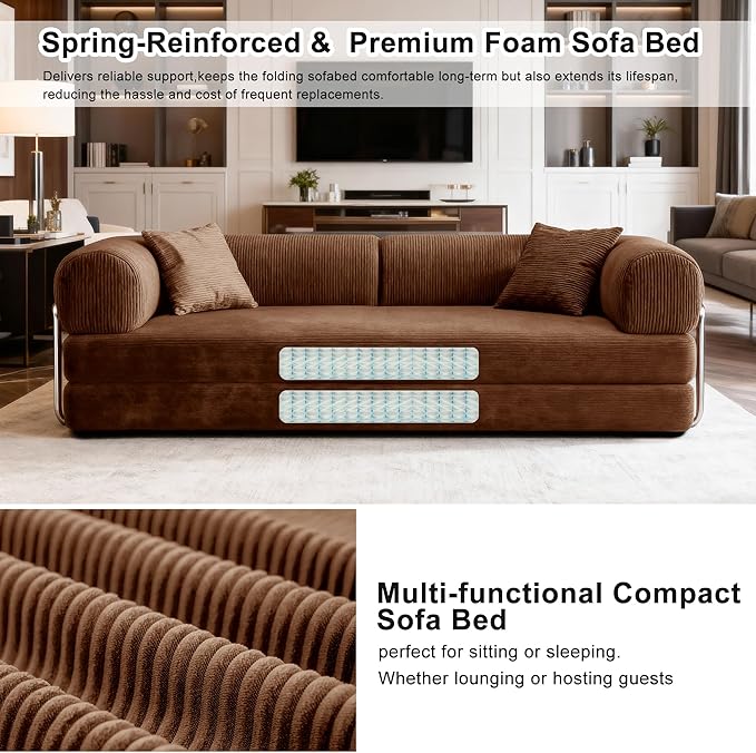 78Inch Compression Sofa 4-in-1 Convertible Floor Sleeper Sofa Bed Folding Sofa Couch with Pillow Support Armrest Cloud Corduroy Foldable Mattress for Living Room Bedroom