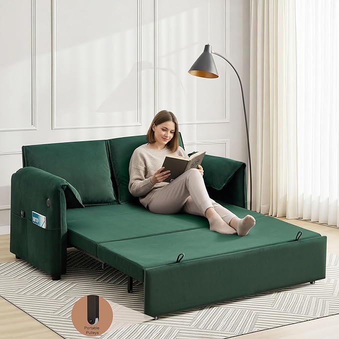 63 Velvet 3 in 1 Convertible Sleeper Sofa Bed Pull Out Couch Bed Loveseat with Adjustable Backrest Chaise Lounge USB Port &amp Side Pocket Modern Sofa for Living Room Small Spaces Green