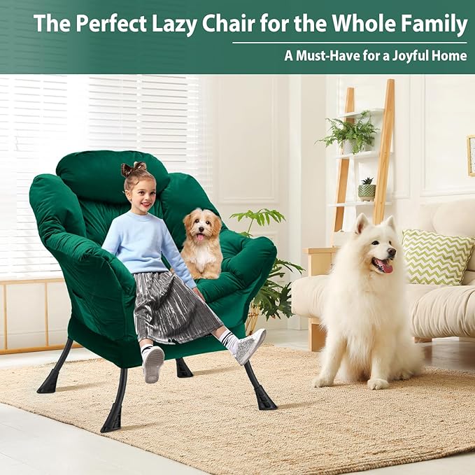 Lazy Chair Thick Padded Comfy Velvet Accent Lounge Chair with Stable Frame Leisure Sofa Armchair with Armrests and Side Pocket Reading Chair for Bedroom Living Room Office Green