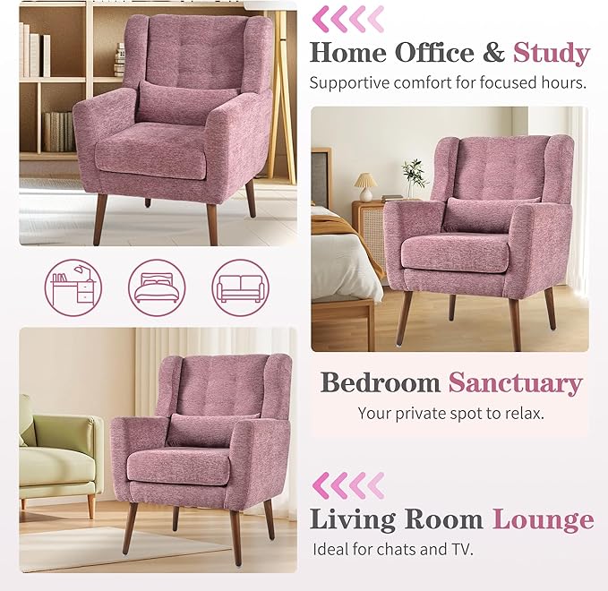 Modern Accent Chair Upholstered Armchair with Pillow Fabric Single Sofa Chair with Lounge Seat Solid Wood Legs Accent Chair for Living Room Bedroom Small Spaces (Purple)