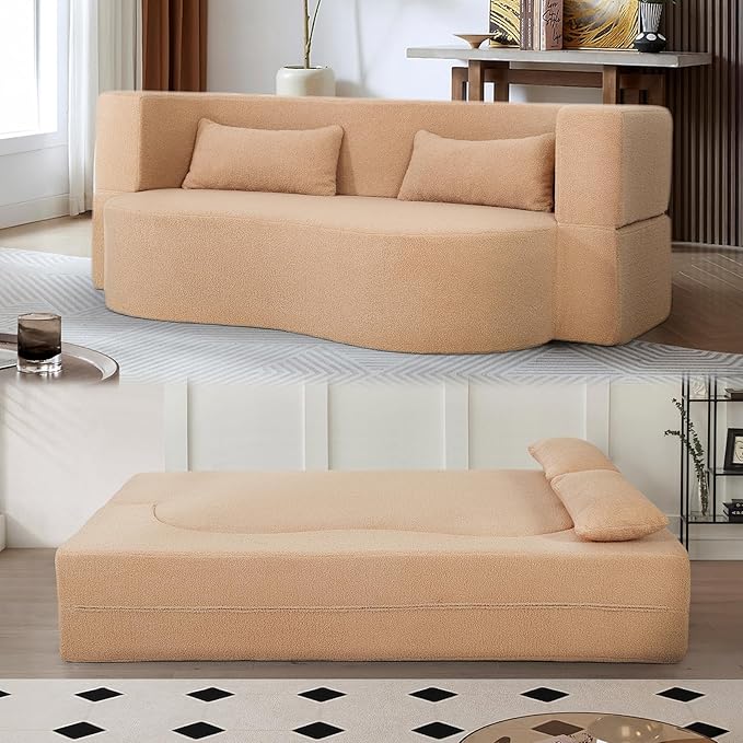 2-in-1 Convertible Sofa Bed 79 Memory Foam Boneless Couch Bed Full Size Love Seat Sleeper Sofa Floor Couch Loveseat with 2 Pillows for Living Room Bedroom Apartment Office (Apricot 79)