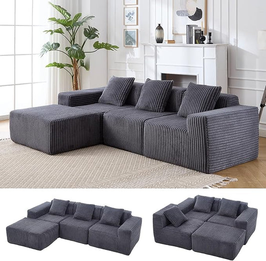 100.79 L-Shape Cloud Couch with Ottoman Upholstered Corduroy Modular Sectional Sofa Deep Seat Couch with Free Combination for Living Room &amp Bedroom No Assembly Required Dark Grey