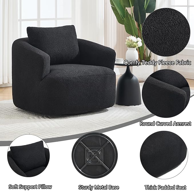 360°Swivel Accent Chair 37.4W Boneless Oversized Chair Teddy Velvet Comfy Armchair Foam &amp Spring Filling for Living Room Bedroom Apartment Office No Assembly
