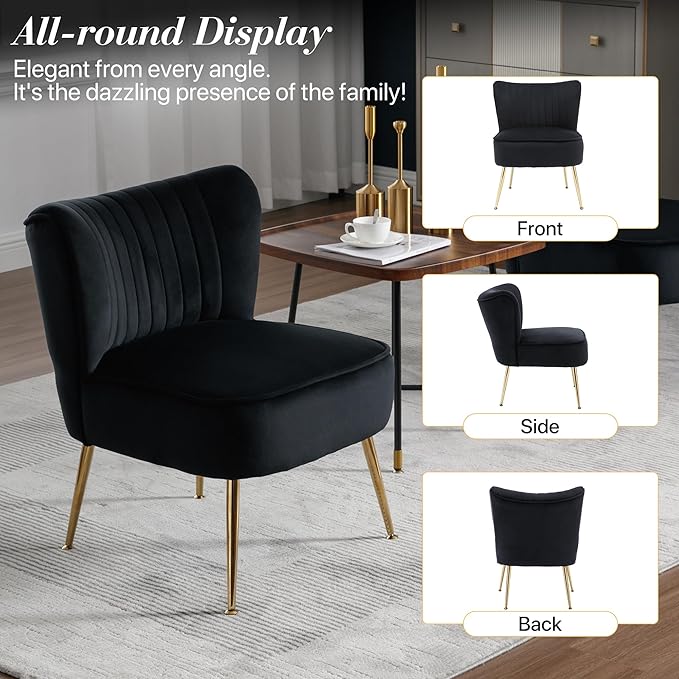 Velvet Accent Chair Set of 4 Comfy Upholstered Side Chair with Gold Metal Legs and Padded Seat Modern Small Corner Armless Living Room Chairs with Wing Back Black