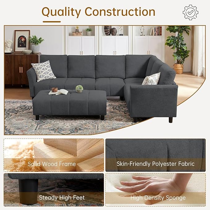103 Convertible Sectional Sofa with Long Ottoman Modern Upholstered Fabric L-Shaped Couch with Back Cushions 6 Seat Sofa Couches for Living Room Apartment Office Dark Grey