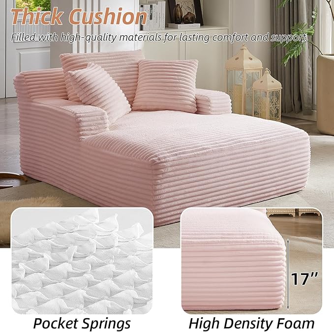 Oversized Chaise Lounge Chair Indoor Bedroom Comfy Corduroy Upholstered Sofa Bed Chair Deep Seat Single Sofa Couch No Assembly Required Sleeper Chair Sofa for Living Room (Light Pink)
