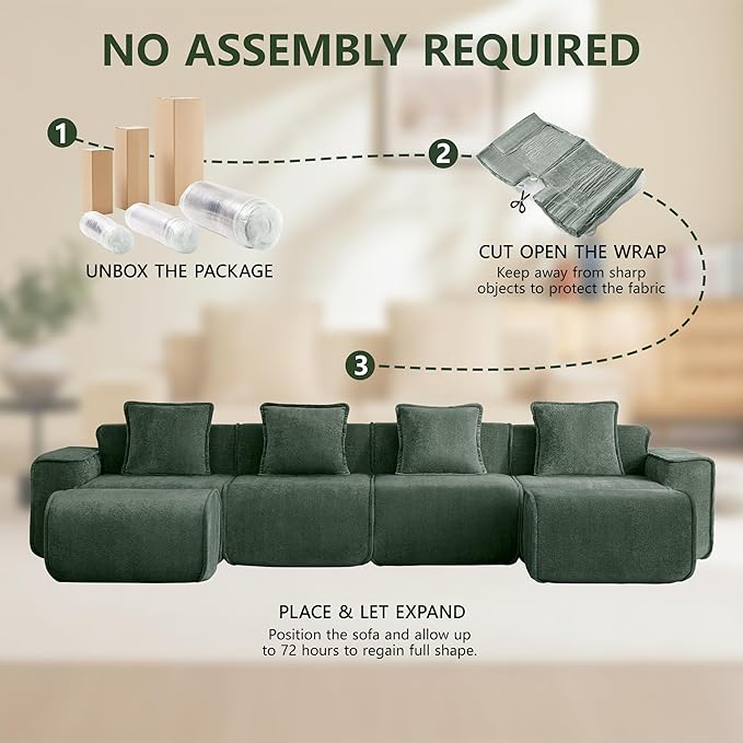 KEIKI 4Seat Modular Boneless Velvet Sofa Couch for Garden Home Apartment Living Style Conscious Nature Lovers Soft Plush Comfortable Cozy Relaxing Lounge Modern Contemporary Design Green
