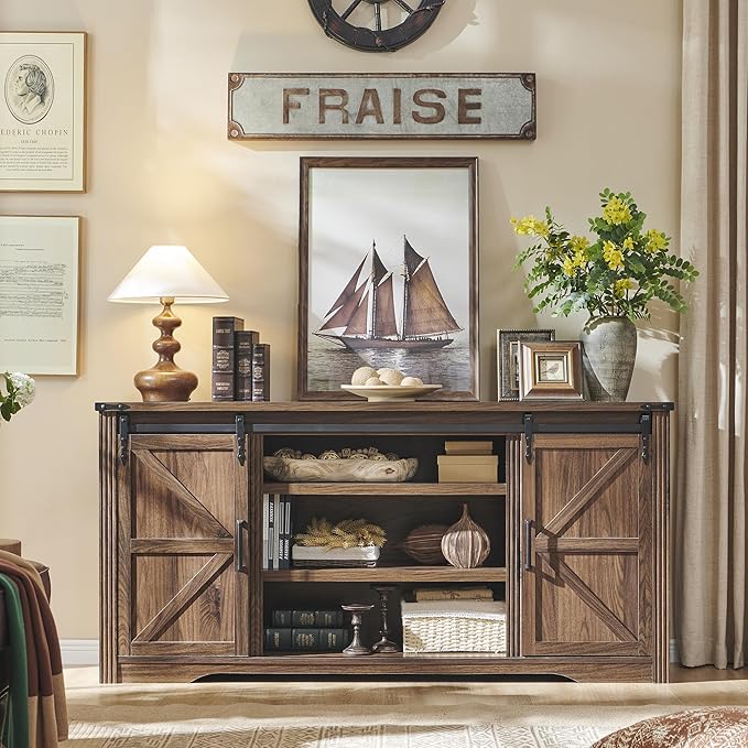 JXQTLINGMU Farmhouse TV Stand for 75+ Inch TV 32 Tall Entertainment Center w/4 Drawers &amp Sliding Barn Door Rustic Media Console w/Storage Shelves 66 Wood Television Stand for Living Room Bro