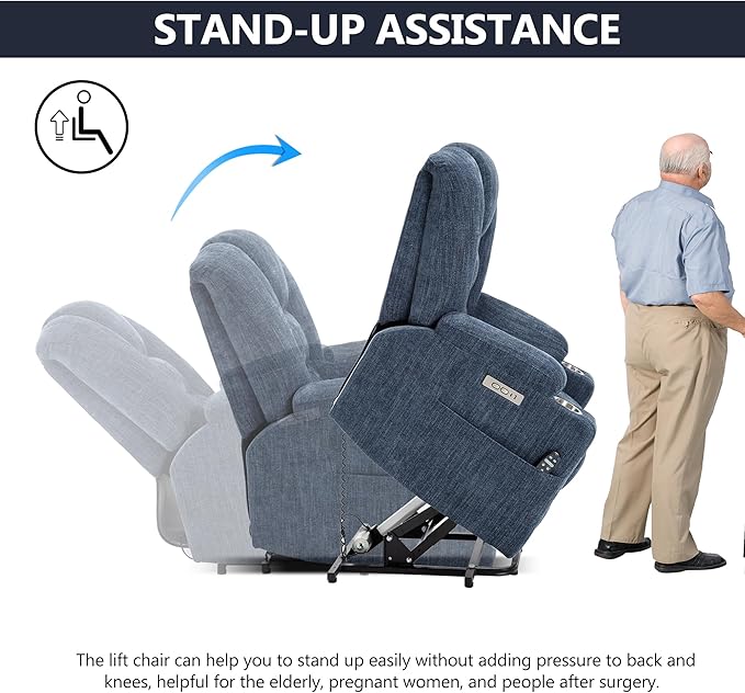 Power Lift Chair with Massage &amp Heat Electric Recliner Chairs for Adults Remote Control Living Room Sofa Standing Assistance USB Ports Stainless Steel Cup HoldersChenille Blue