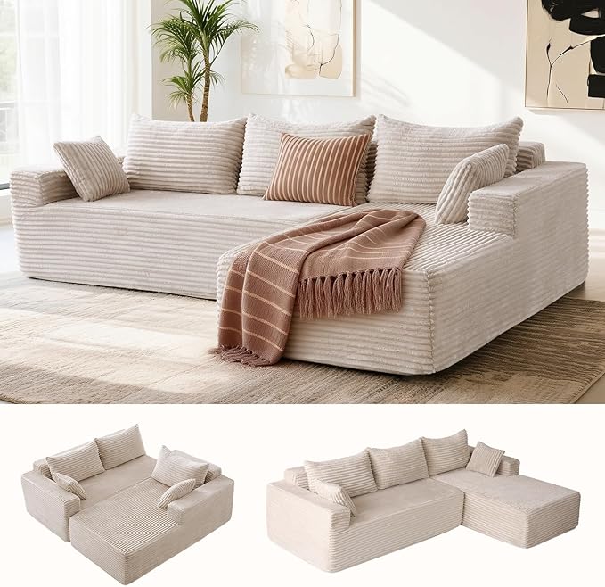 PARKOL 105 Cloud Sectional Couch with L-Shape ChaiseModern Modular Sofa with Deep Seat Upholstered Couches for Living Room BedroomNo Assembly Required Beige(Plush Corduroy Fabric)