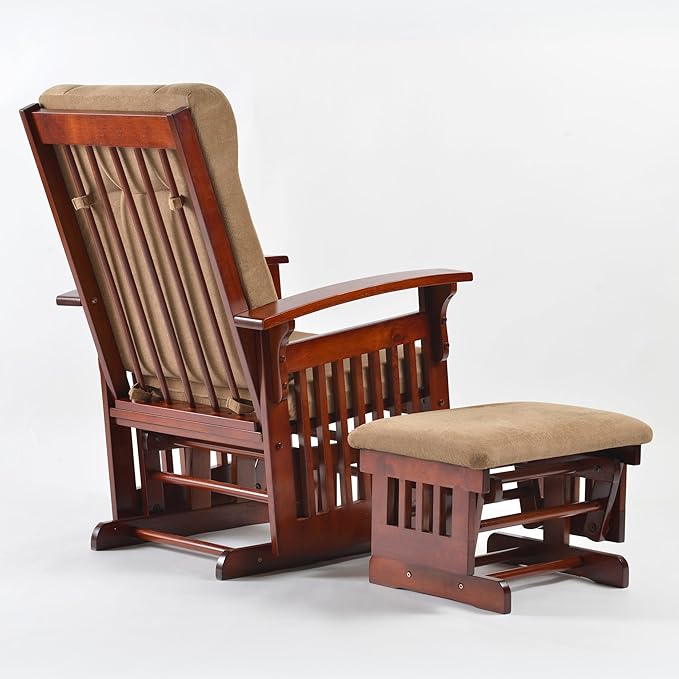 Solid Wood Glider Rocking Chair and Ottoman Set Rustic Nursery Glider Rocker with Padded Cushion Smooth Rocking Motion Indoor Living Room NursingNappingReading Coffee